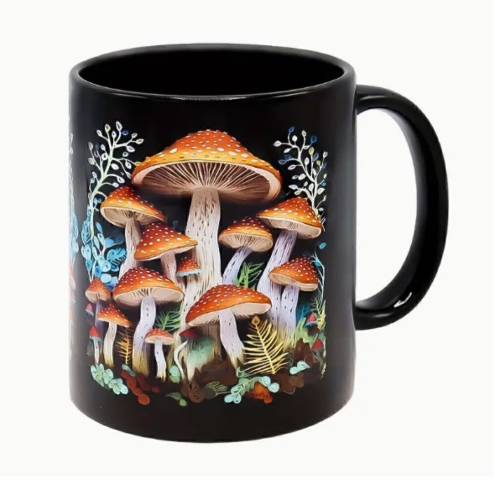 Mushroom Patch Black Coffee Mug Trendy Shroom Toad Stool Morel Hippie